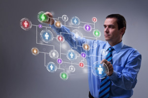 Businessman accessing modern social networking interface